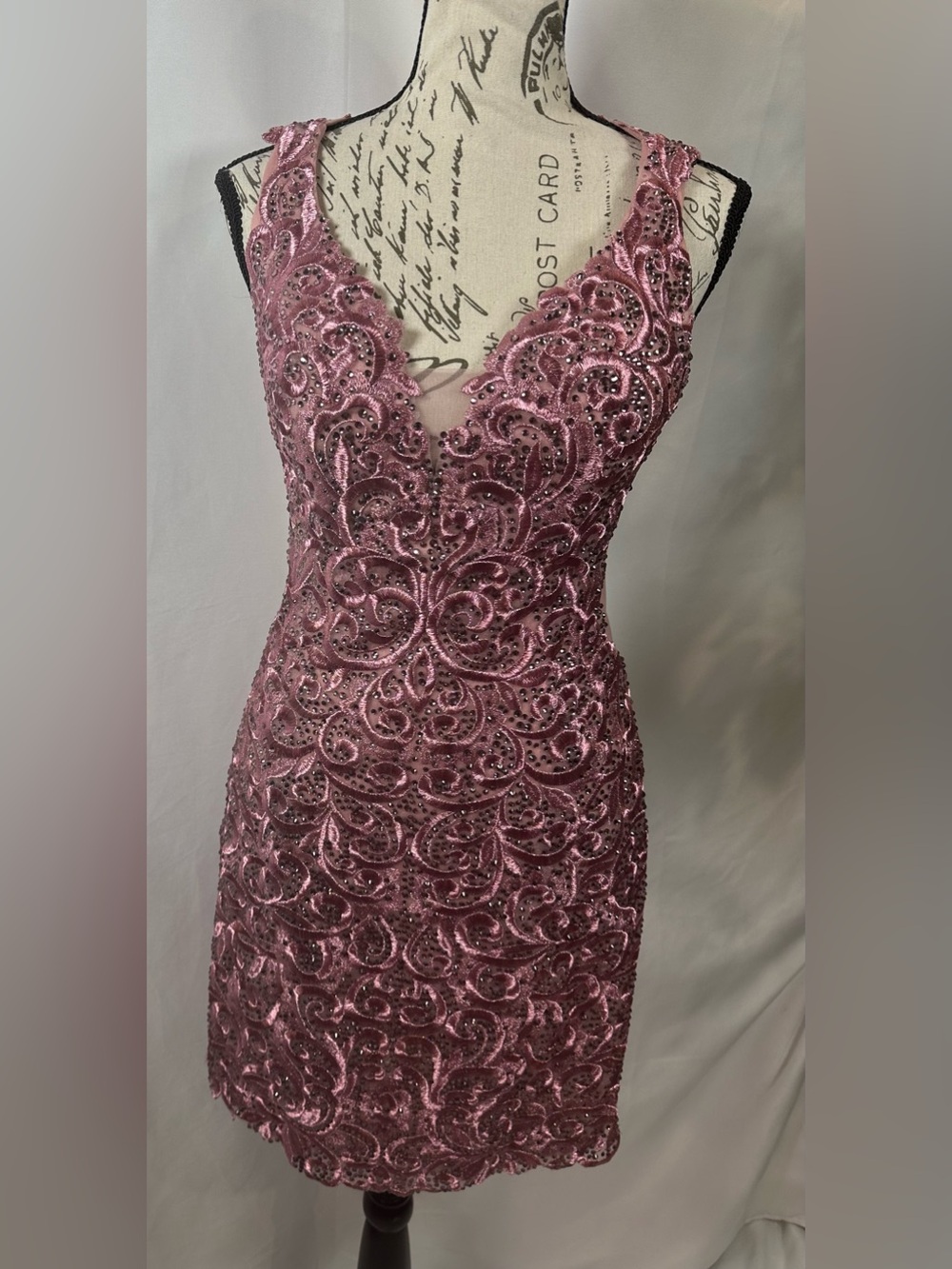 Mori Lee Rose Pink Beaded V-Neck Mini Dress - Picture 3 of 16